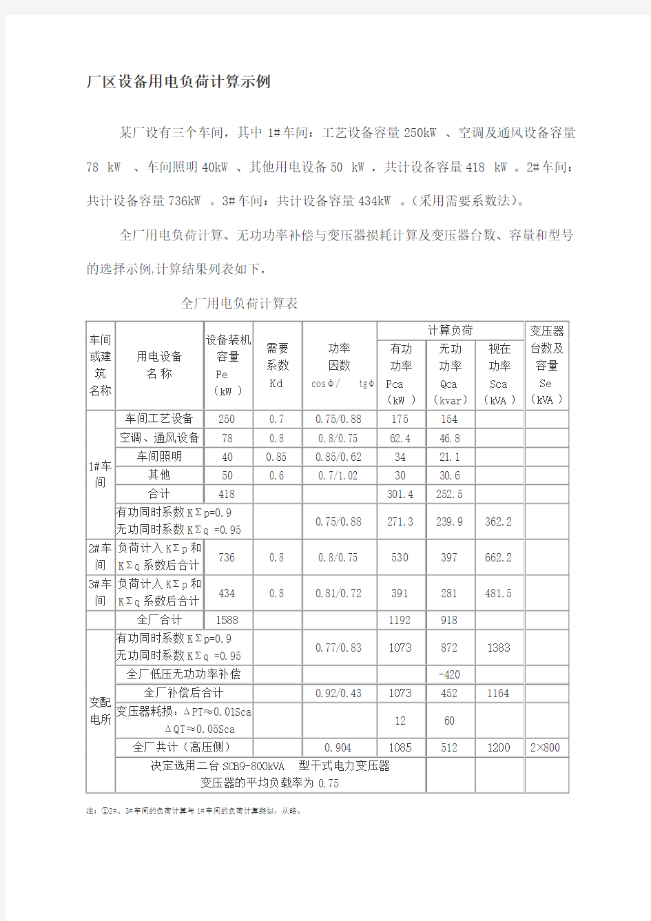 厂区设备用电负荷计算示例