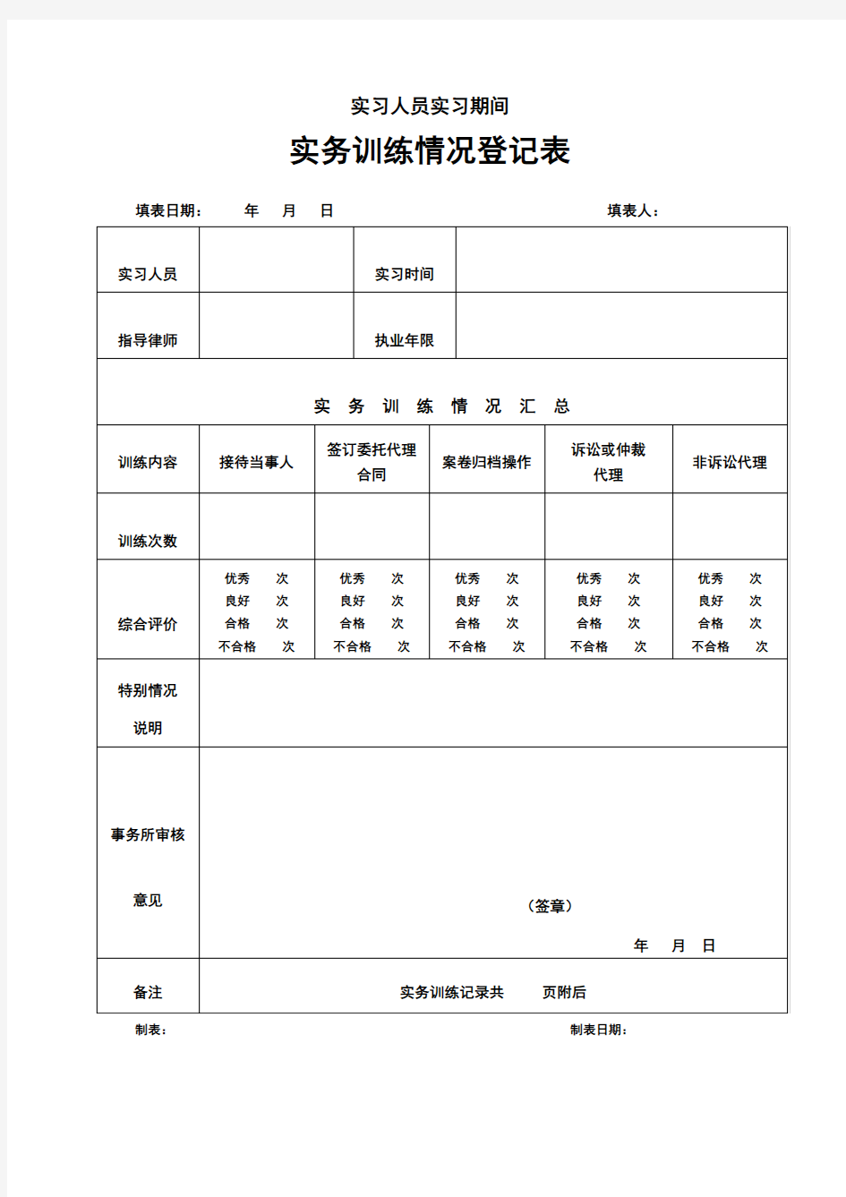 实务训练情况登记表