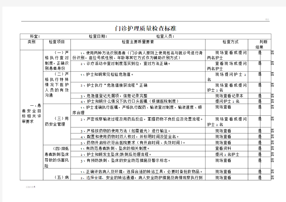 门诊护理质量检查标准