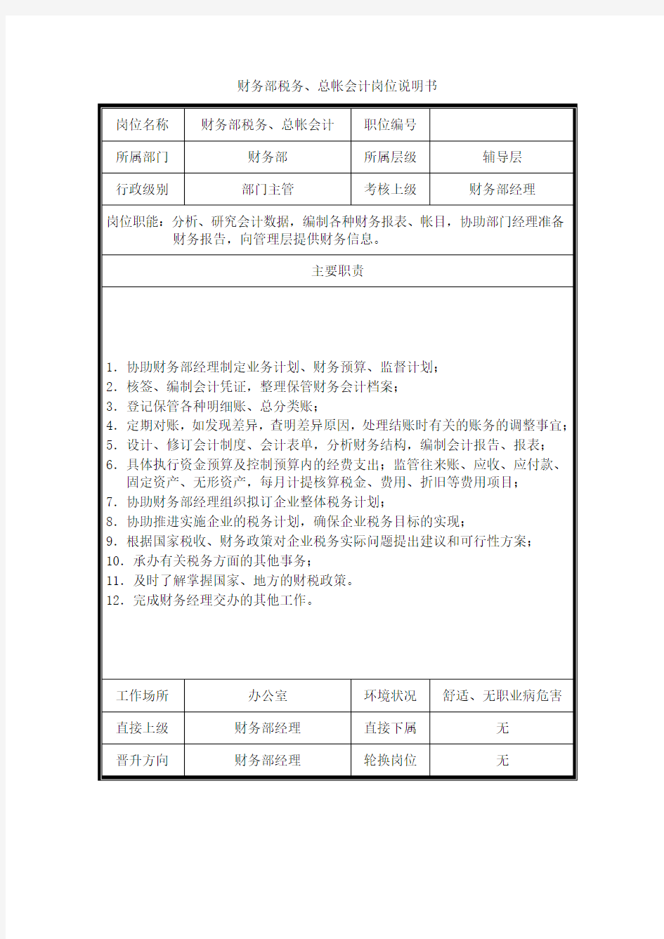 财务部税务总帐会计岗位说明书