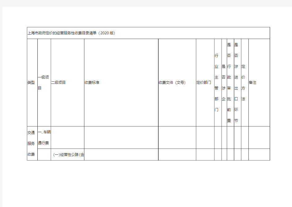 上海市政府定价的经营服务性收费目录清单(2020版)