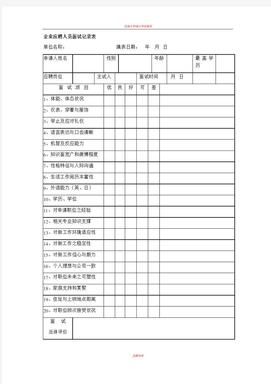 企业应聘人员面试记录表