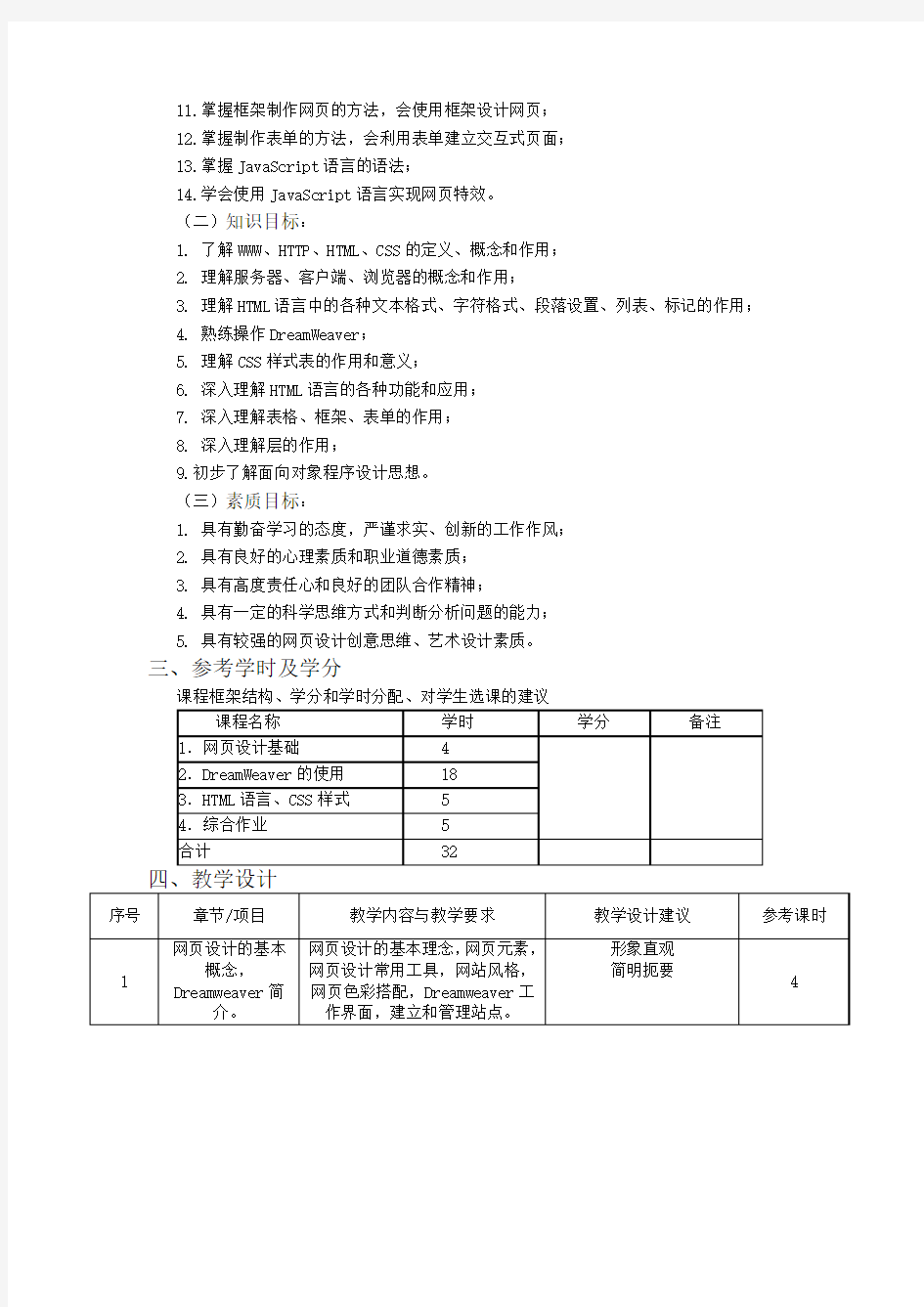 网页设计课程标准