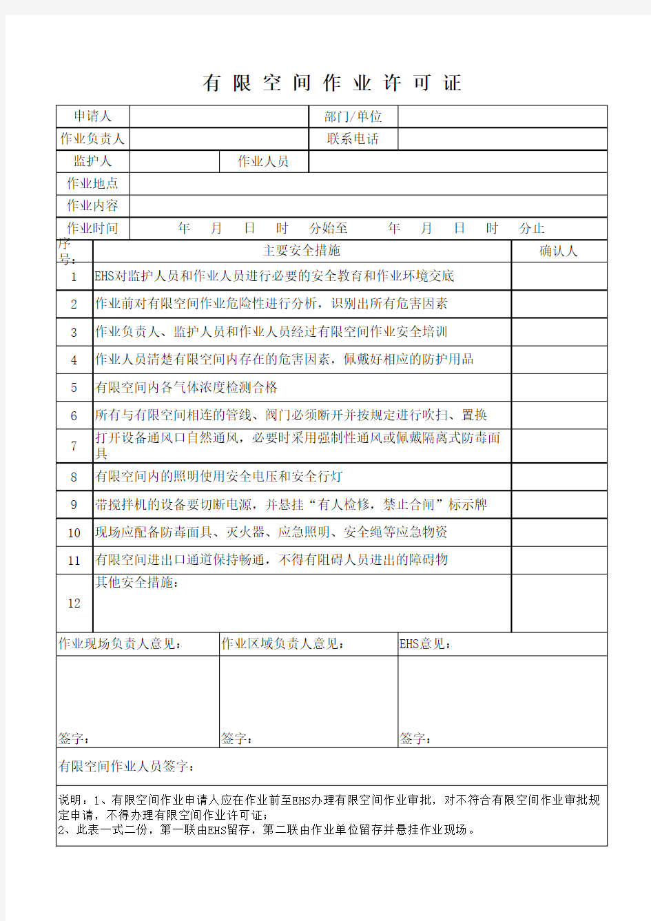 有限空间作业许可证