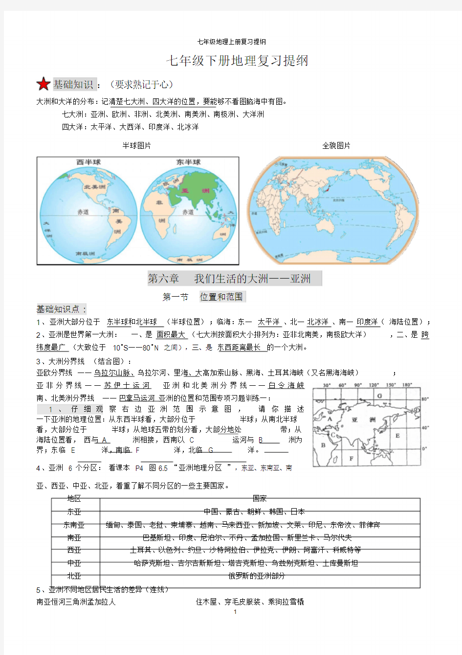 人教版七年级地理下册复习资料