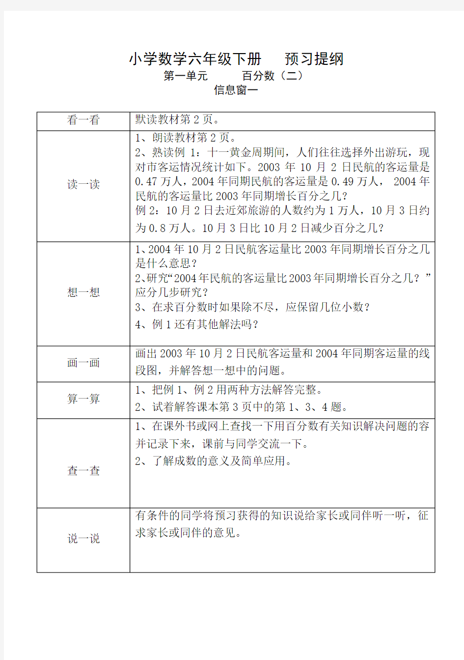 青岛版数学六年级下册预习提纲