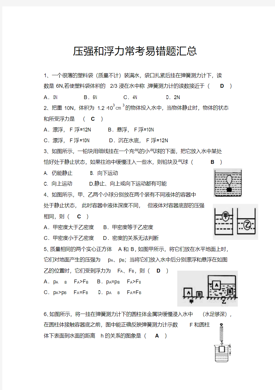 压强和浮力常考易错题汇总(含答案)