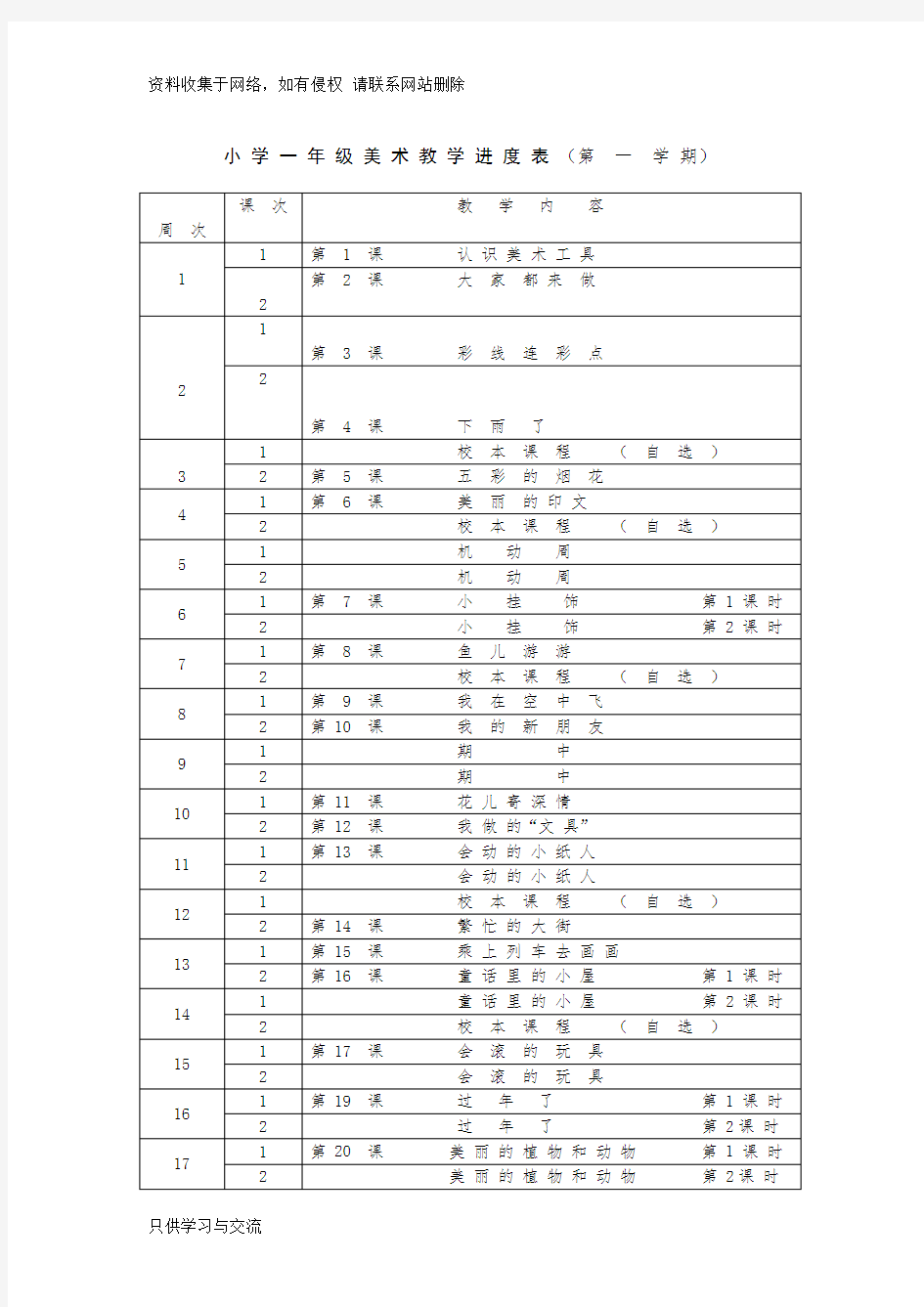 小学美术教学进度表