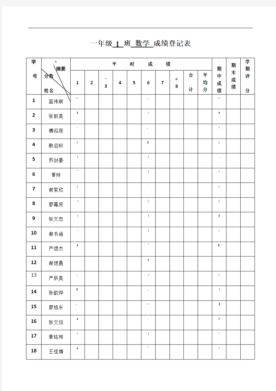 小学生成绩登记表