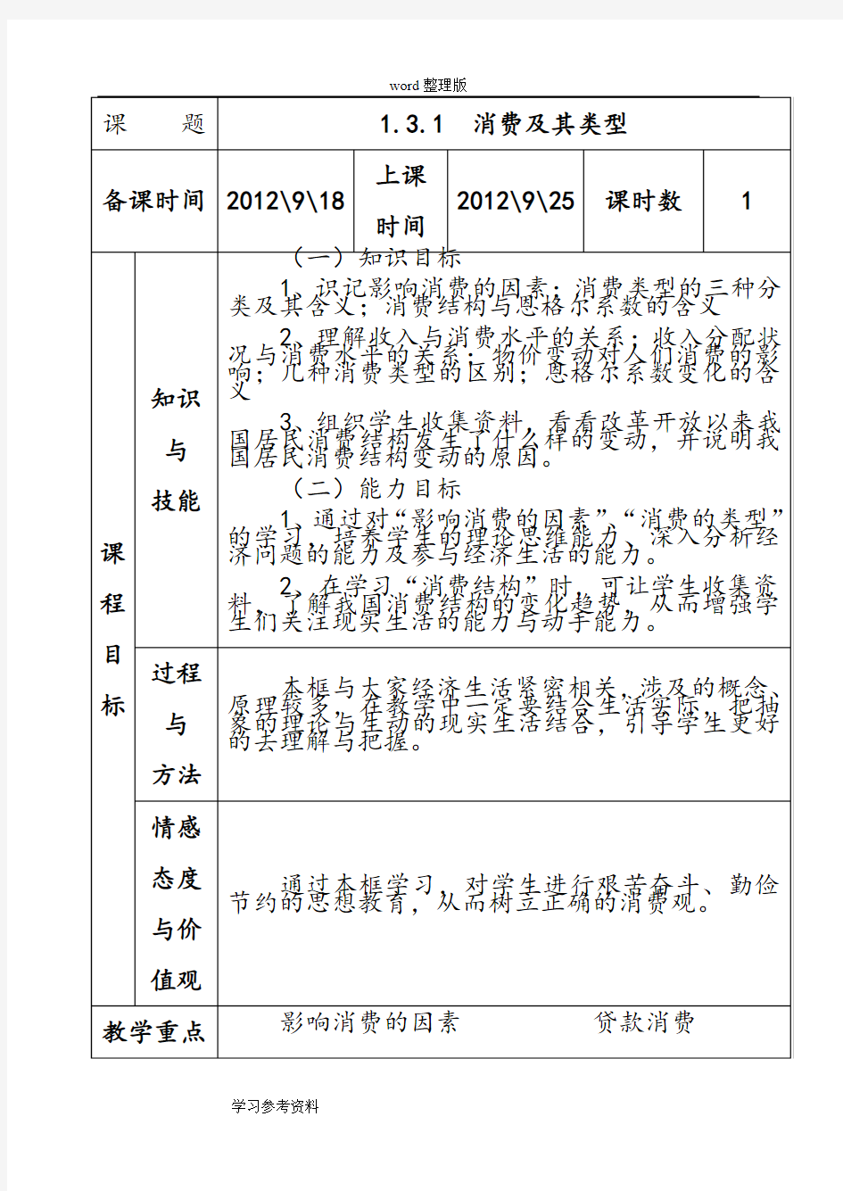 思想政治人教版高中必修1 经济生活人教版高一政治必修一第三课第一框教案消费及其类型