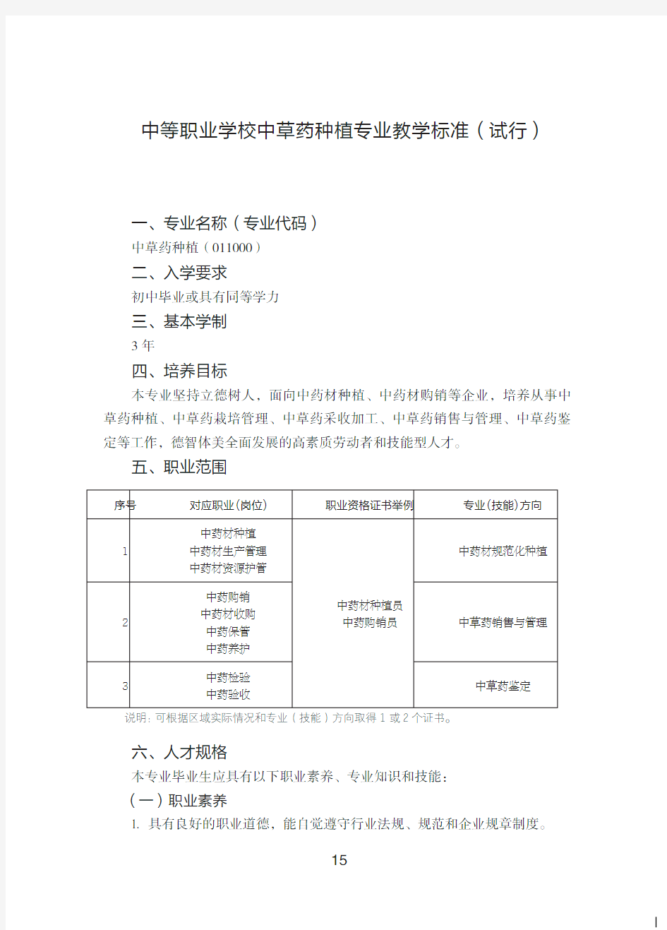 中等职业学校中草药种植专业教学标准试行