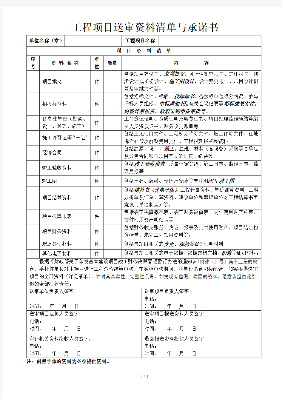 工程项目送审资料清单与承诺书