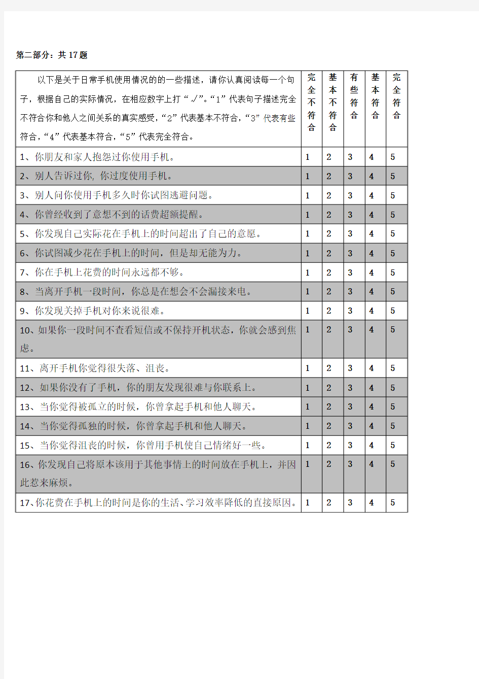 青少年手机成瘾问卷