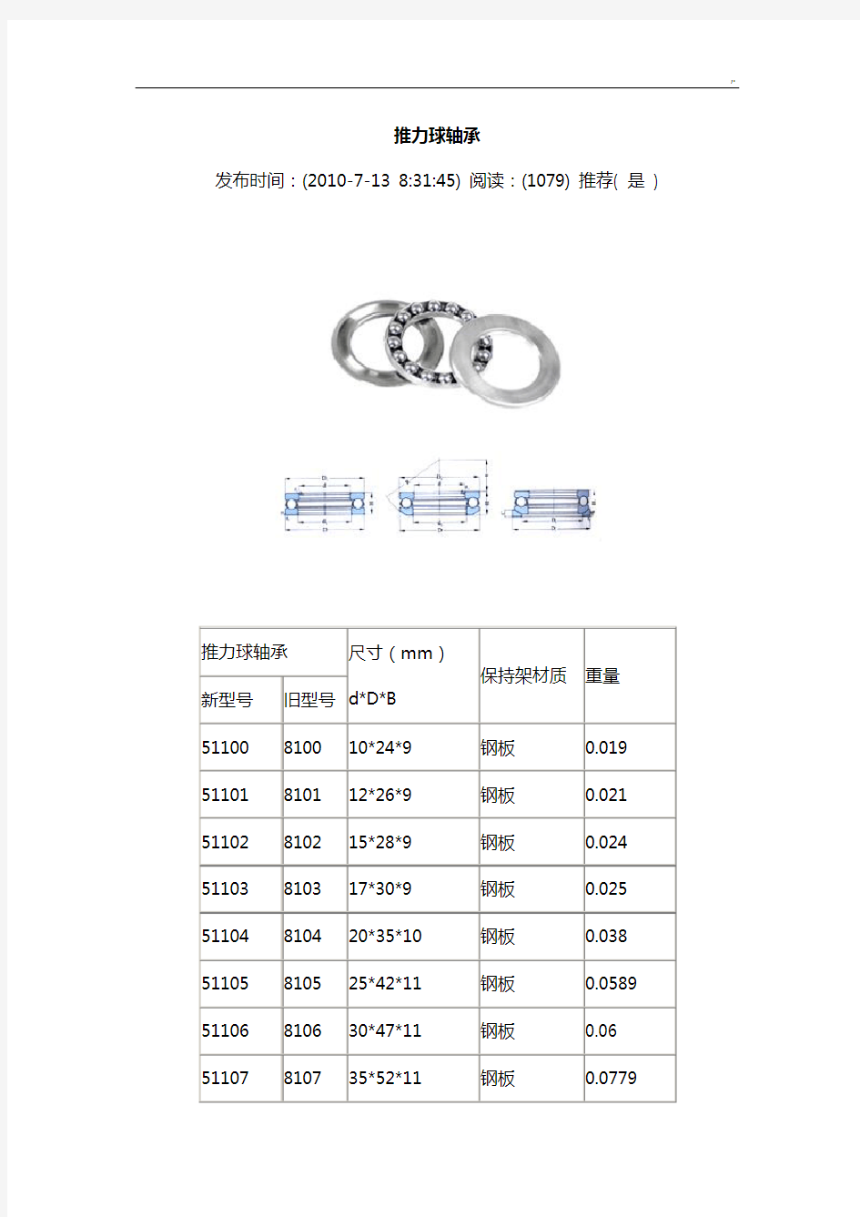 推力球轴承型号及规格