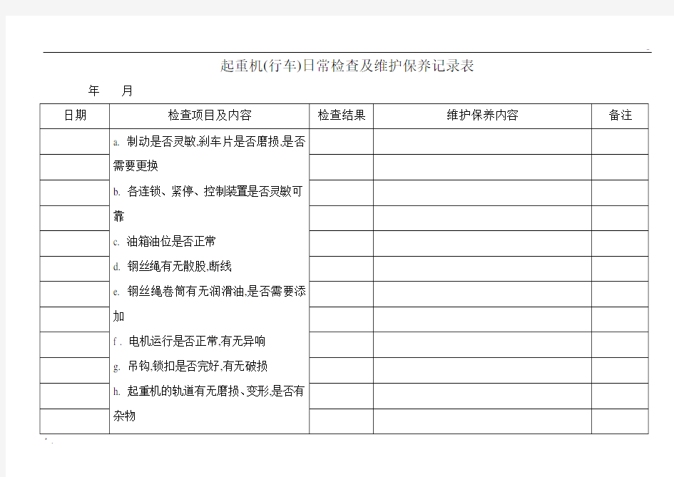 起重机(行车)日常检查及维护保养记录表