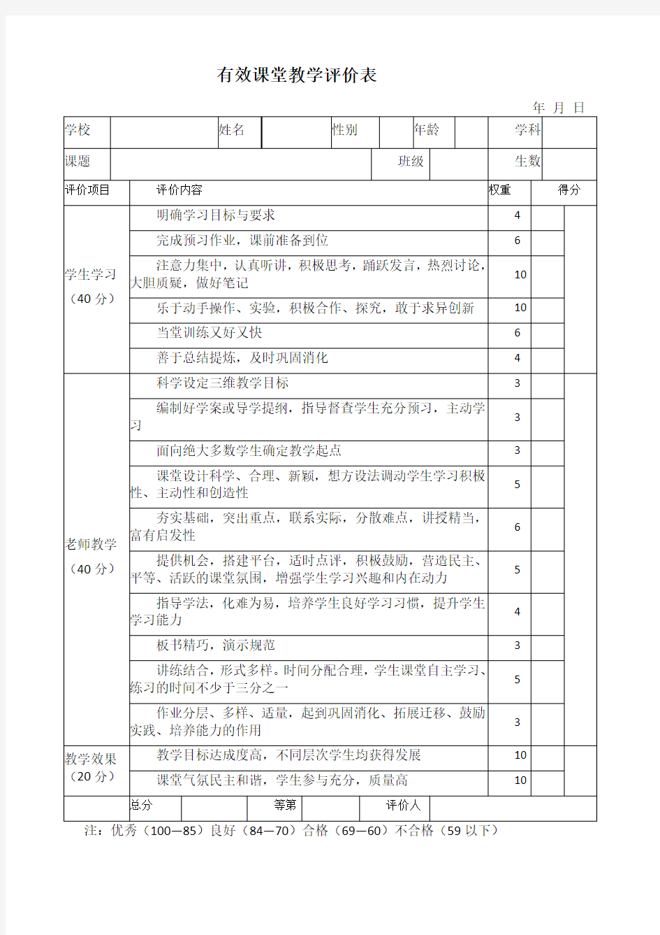 有效课堂教学评价表  大全