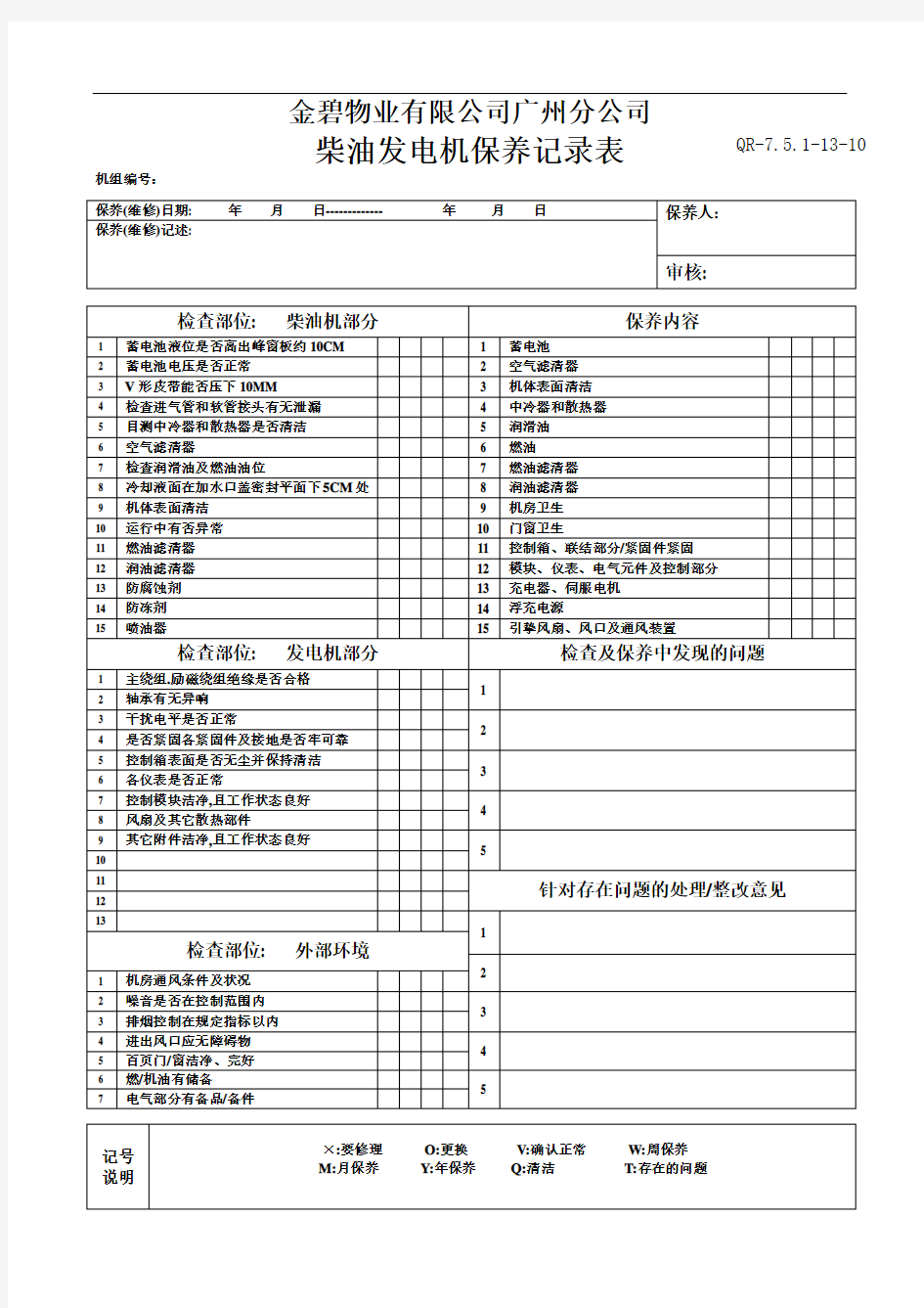 柴油发电机保养记录表