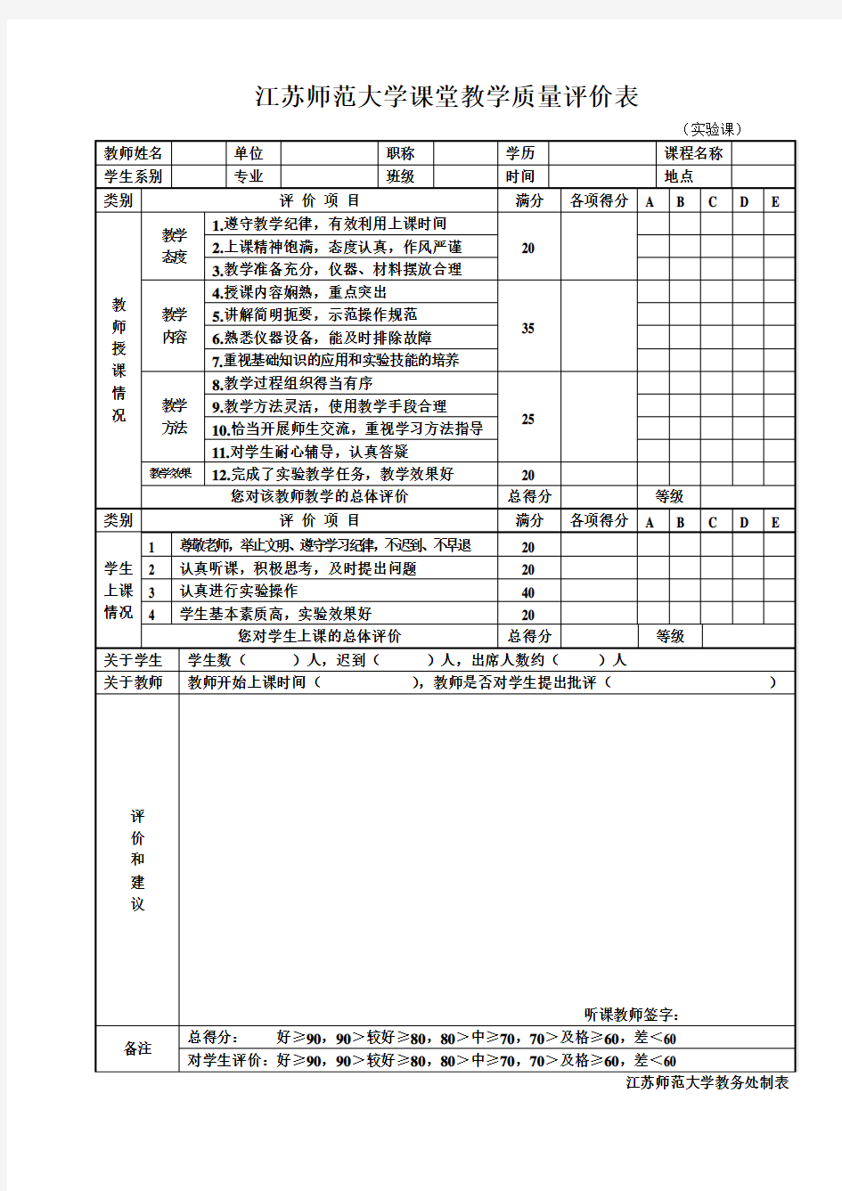 徐州师范大学课堂教学质量评价表-教务处-江苏师范大学