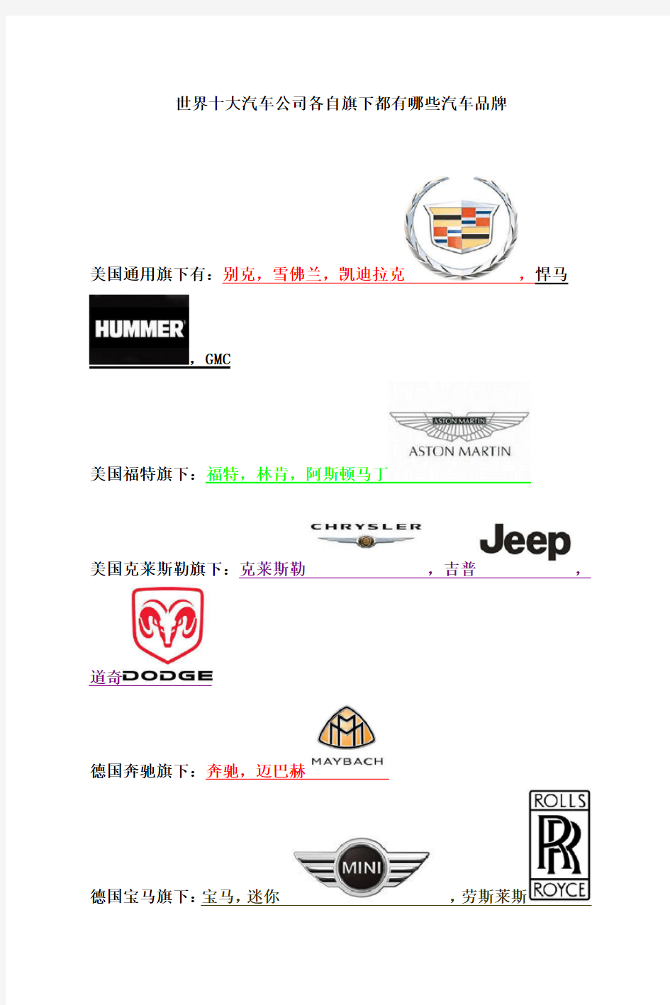 世界十大汽车公司各自旗下都有哪些汽车品牌