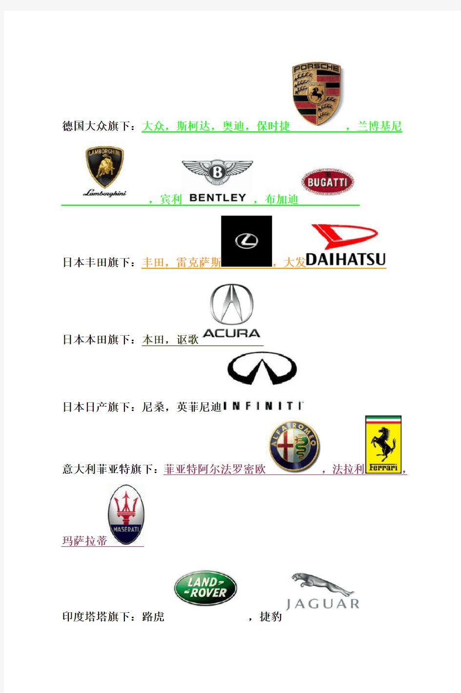 世界十大汽车公司各自旗下都有哪些汽车品牌
