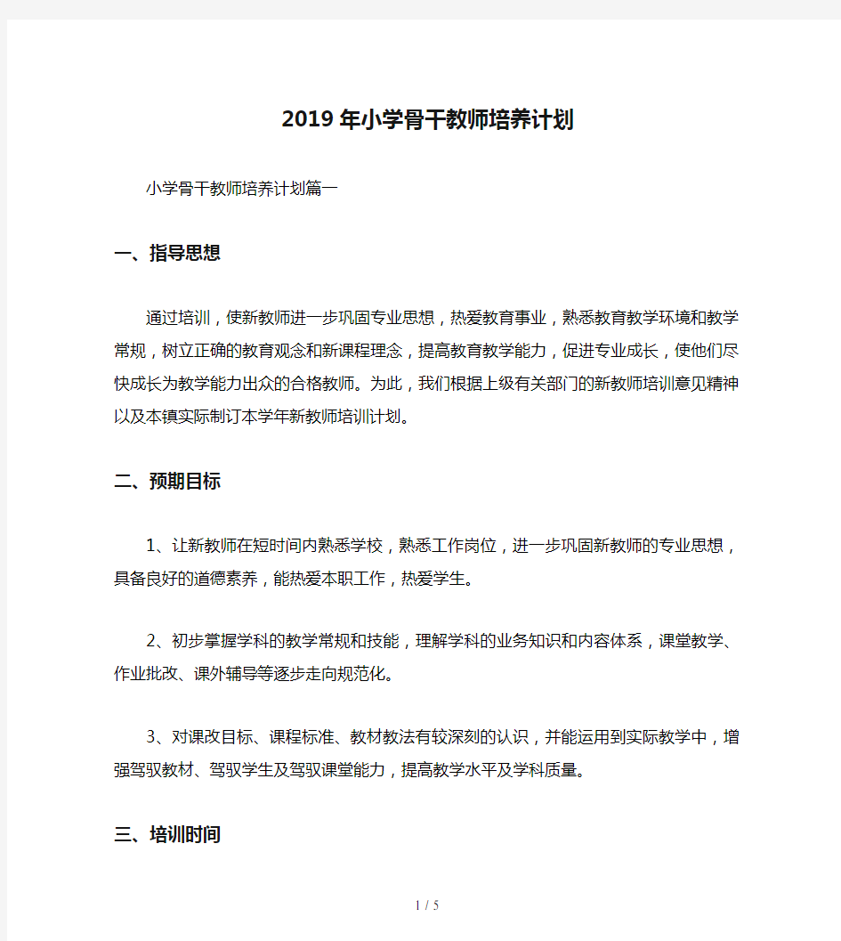 2019年小学骨干教师培养计划