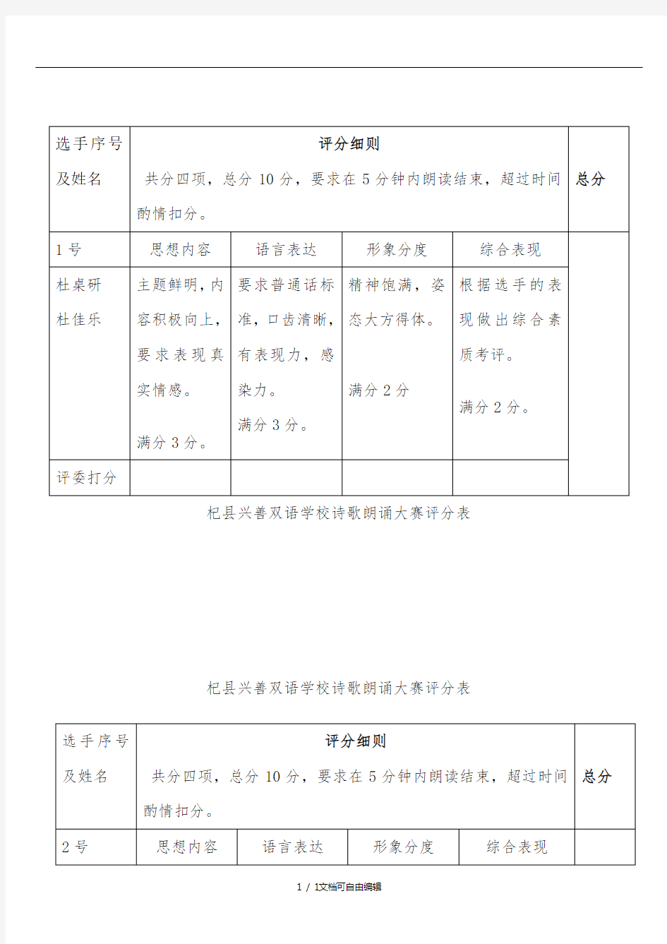 诗歌朗诵比赛评分表