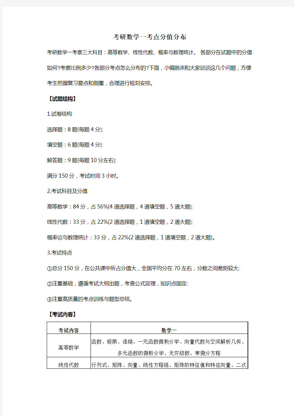 考研数学一考点分值分布