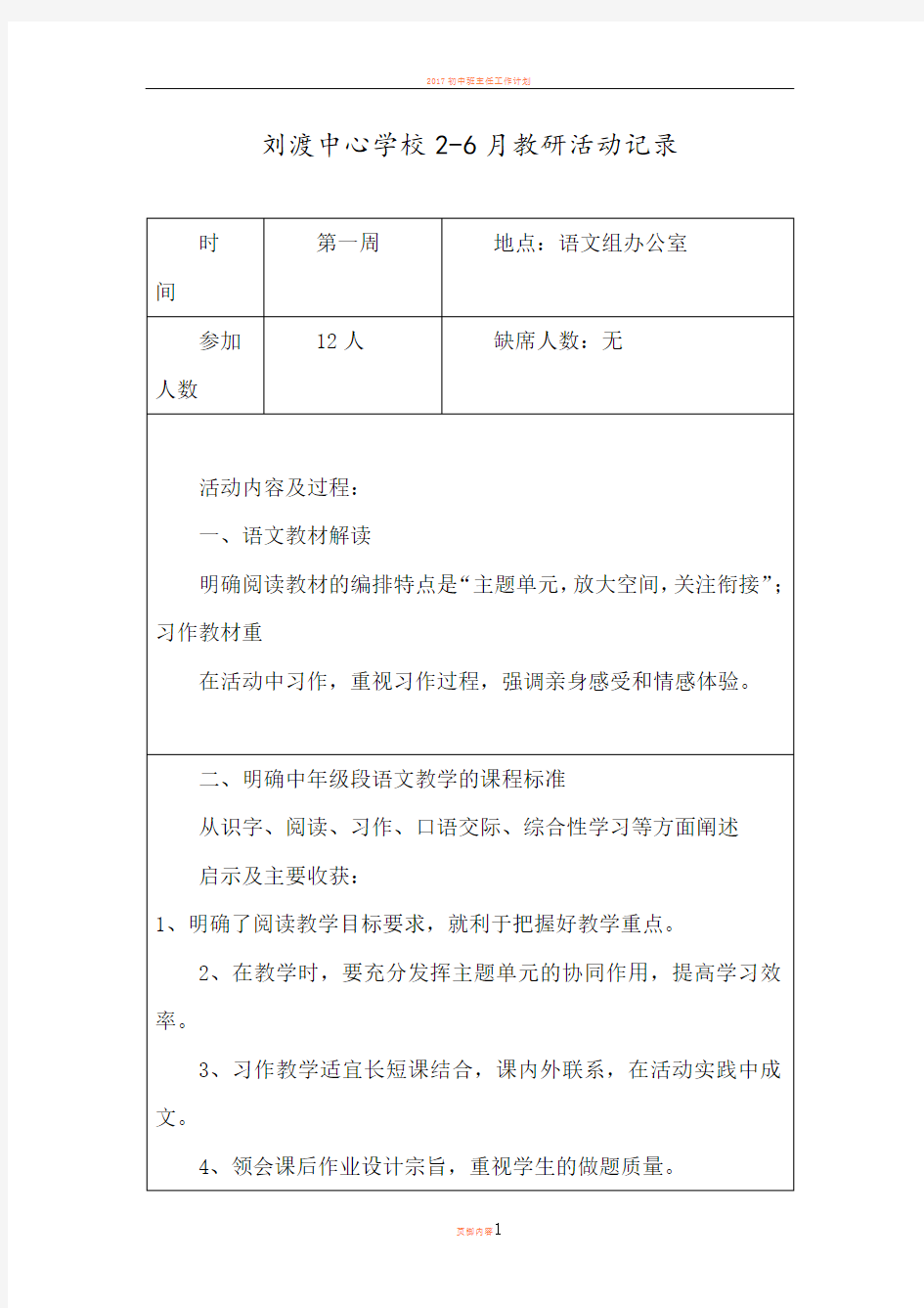 2017初中语文教研组活动记录