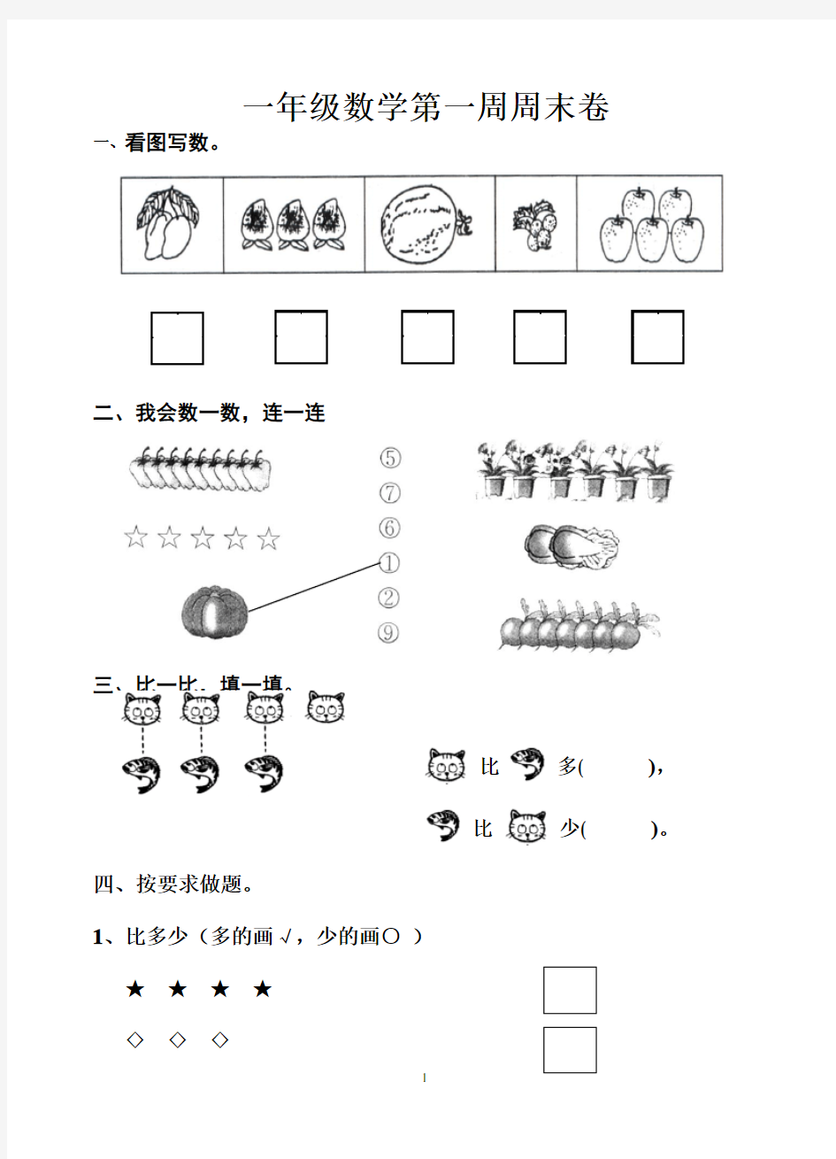 一年级数学第1周周周末卷