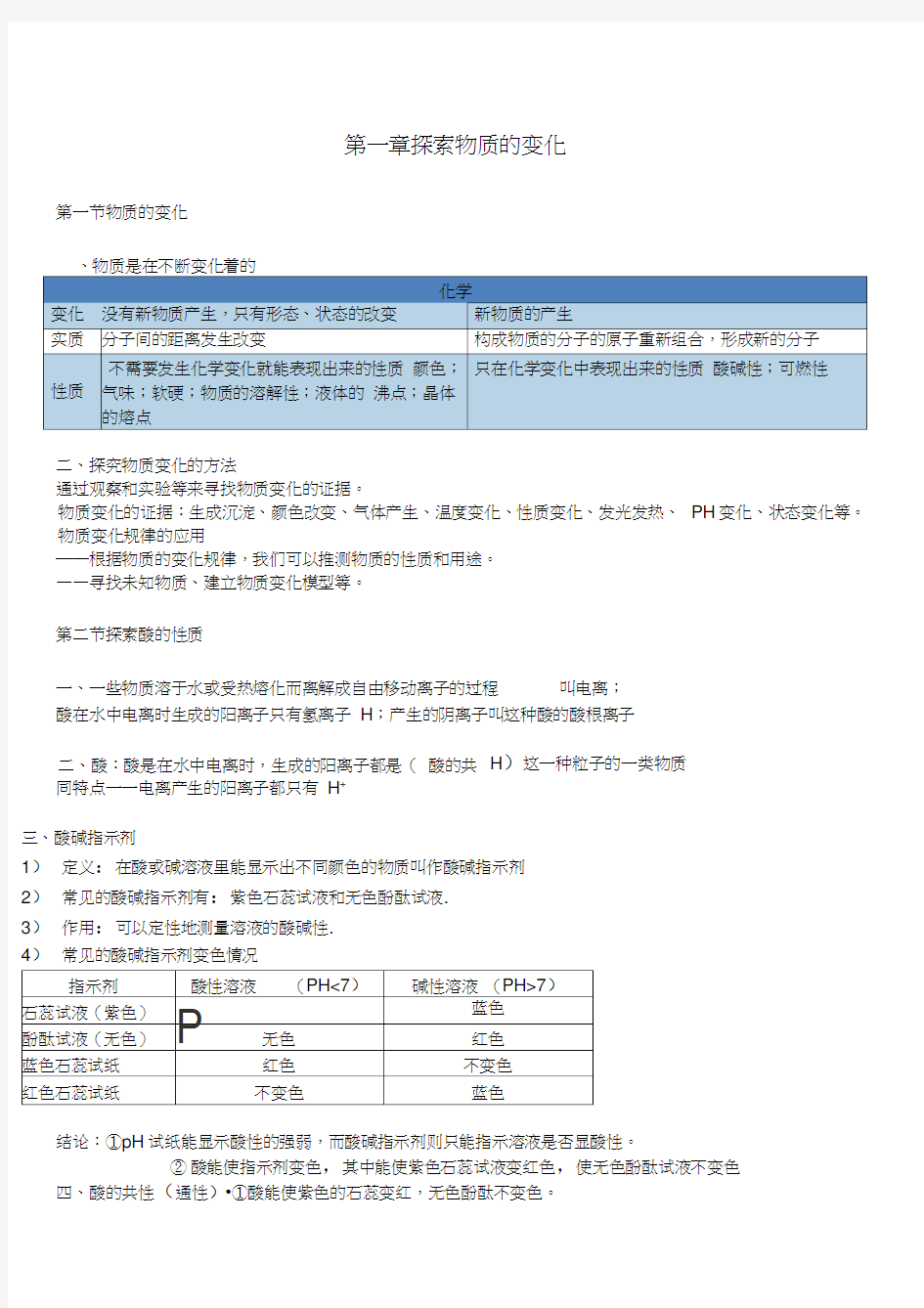 浙教版九年级上科学知识点总结