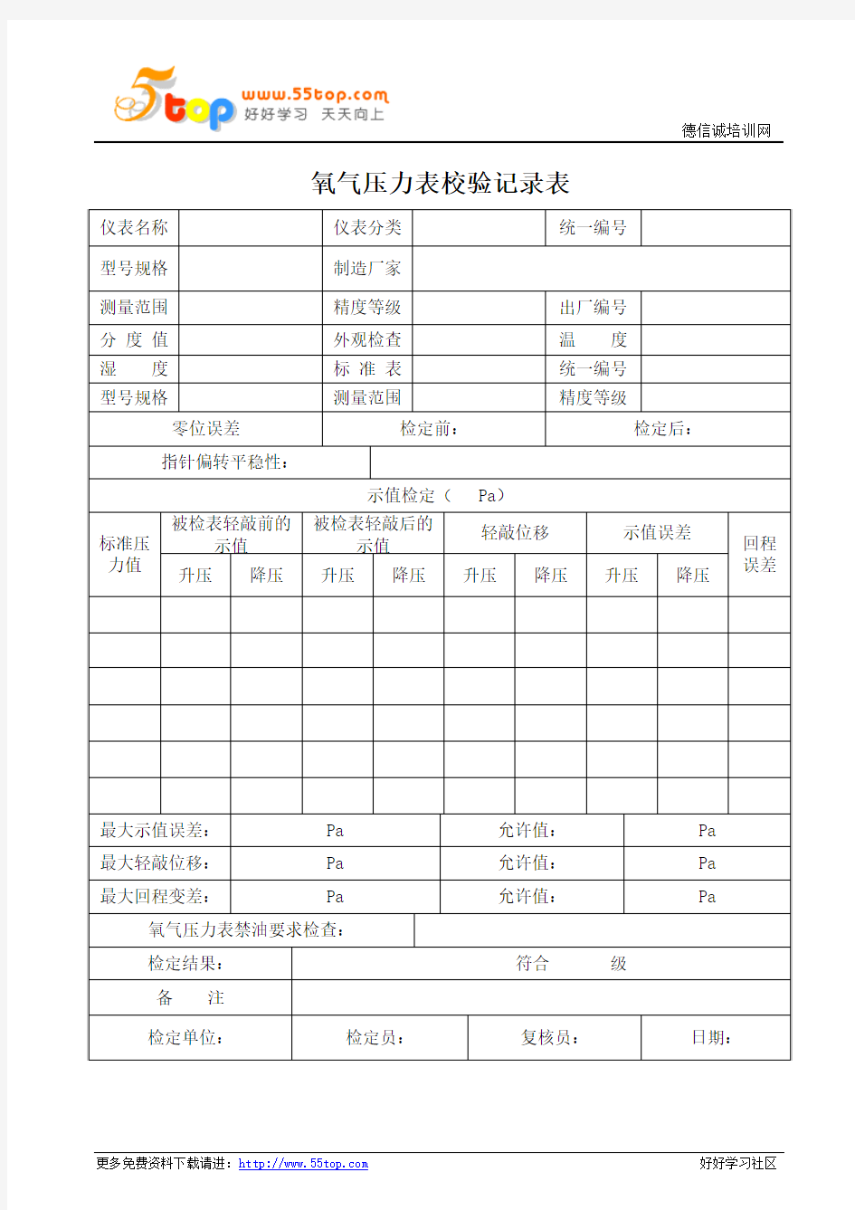 氧气压力表校验记录表