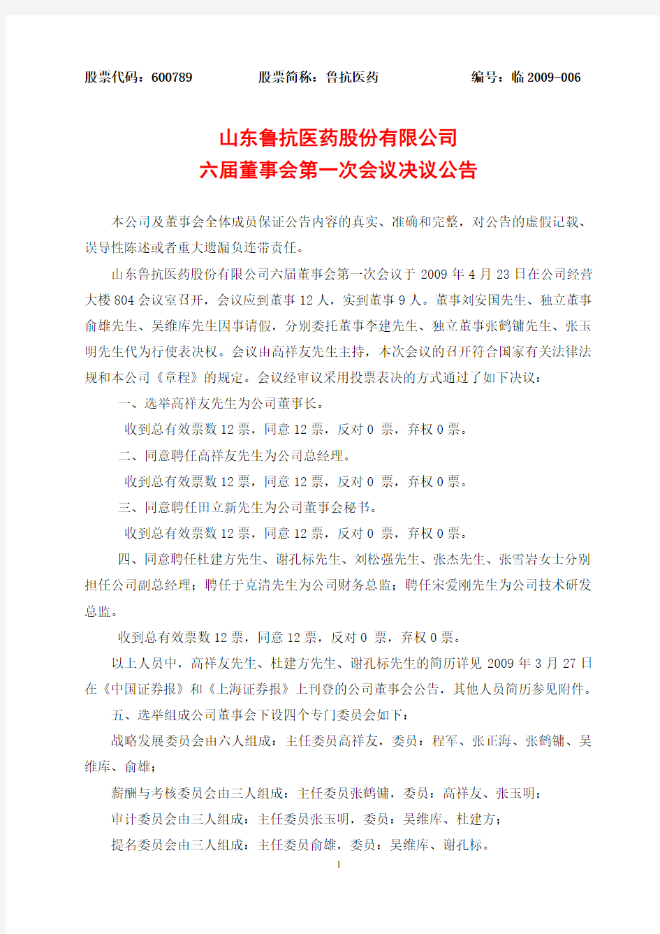 山东鲁抗医药股份有限公司六届董事会第一次会议决议公告
