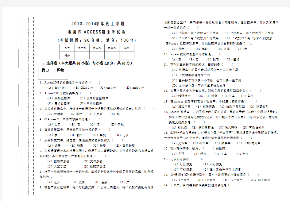 2013-2014学年度上学期数据库ACCESS期末考试卷100