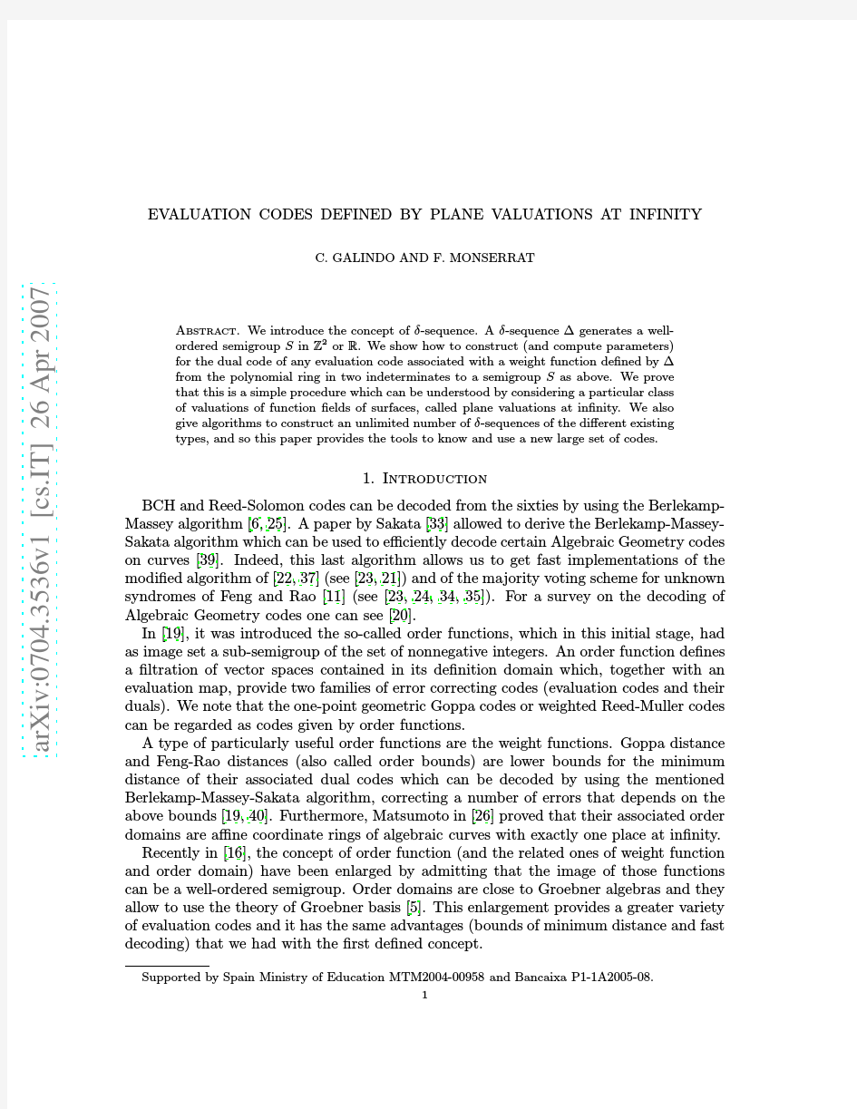 EVALUATION CODES DEFINED BY PLANE VALUATIONS AT INFINITY