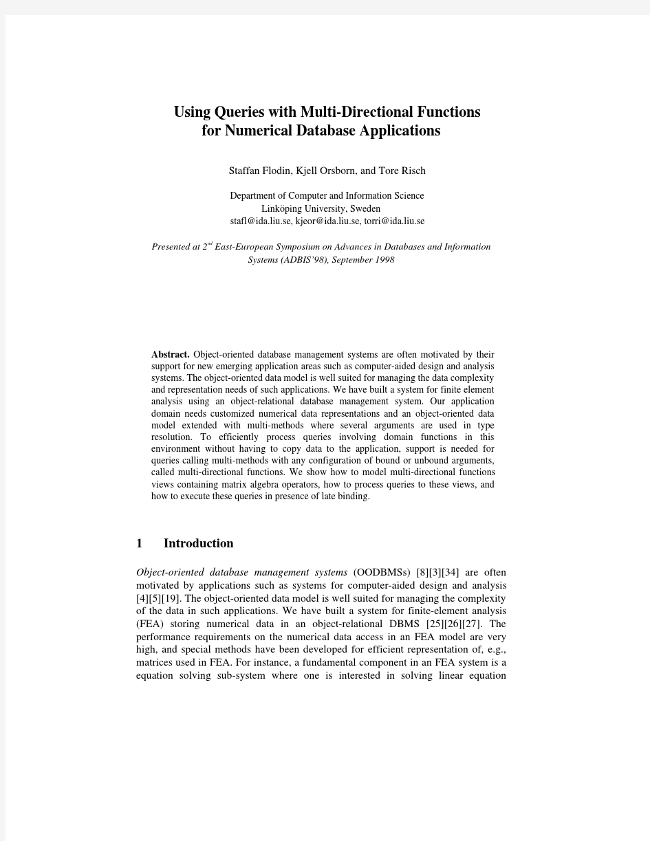 Using queries with multi-directional functions for numerical database applications