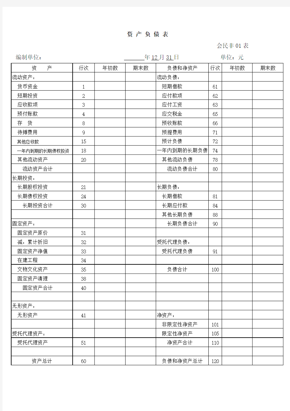 资产负债表、业务活动表(民非)