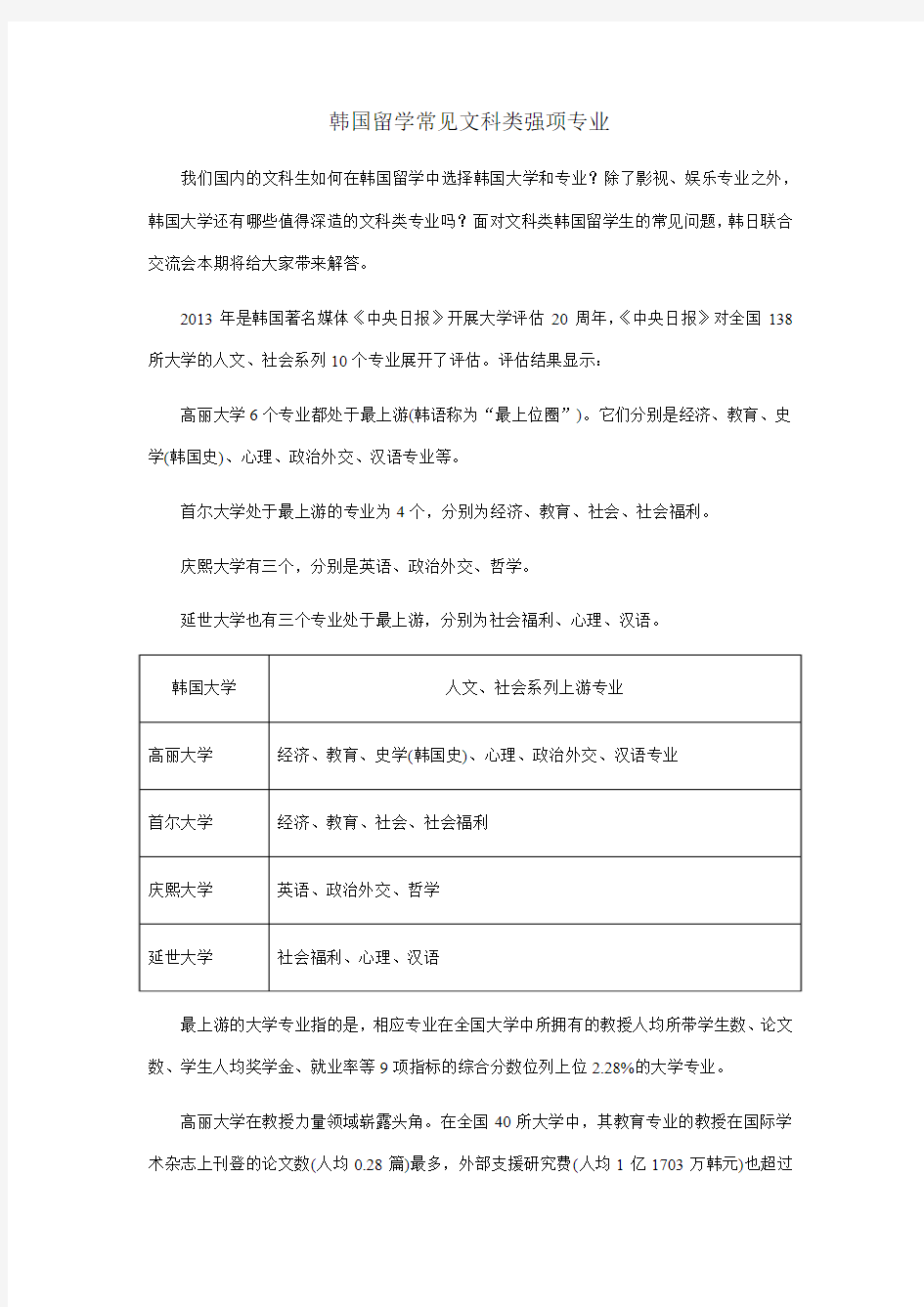 韩国留学常见文科类强项专业