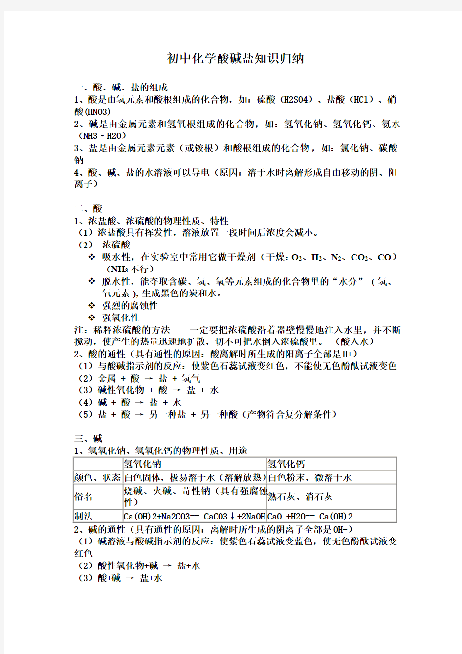 初中化学酸碱盐知识归纳