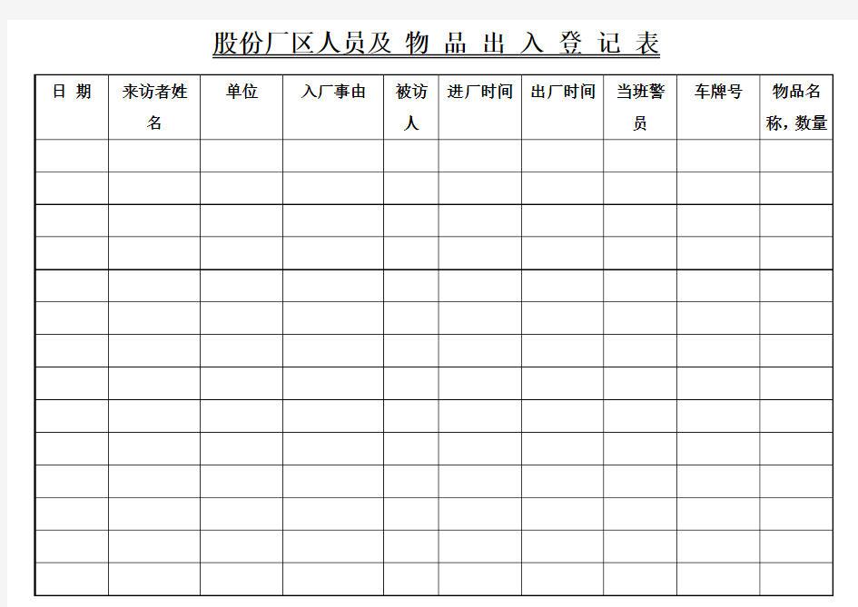 厂 区 物 品 出 入 登 记 表