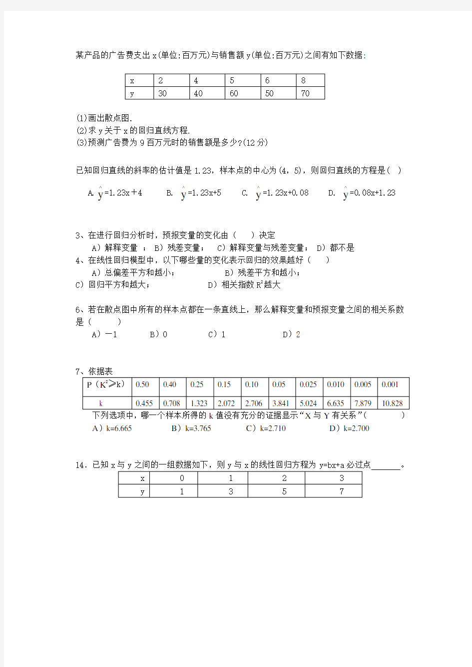 线性回归方程练习题