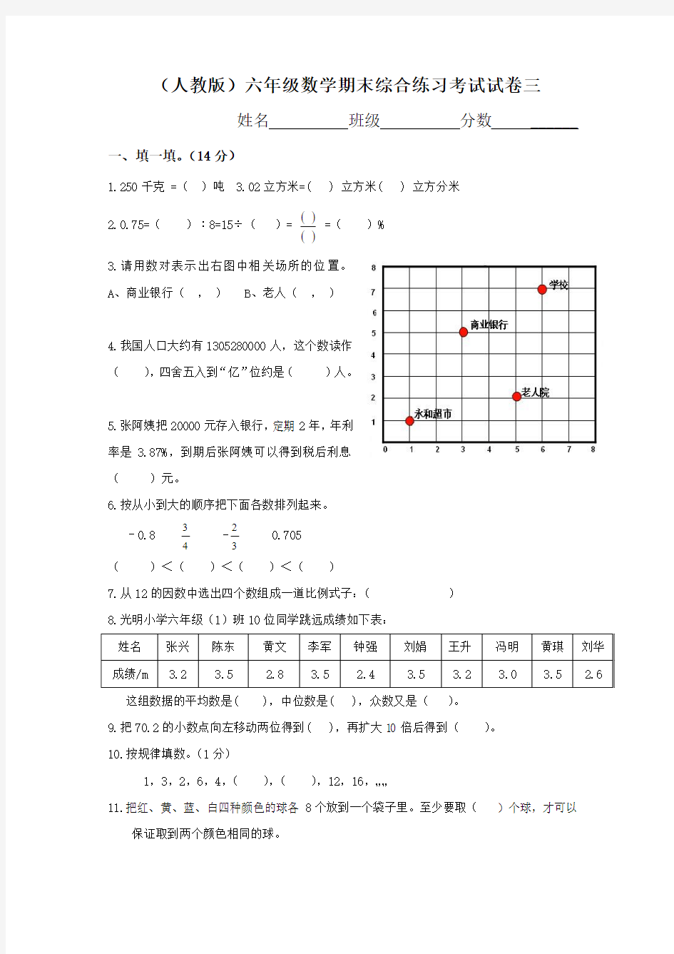 (人教版)六年级数学期末综合练习考试试卷三