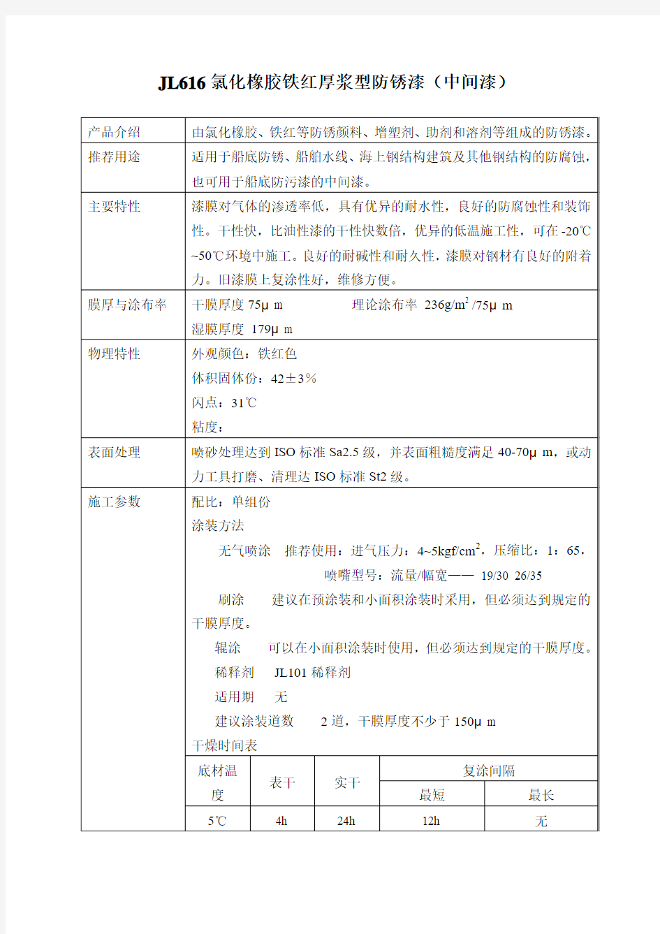 JL616氯化橡胶铁红厚浆型防锈漆(中间漆)