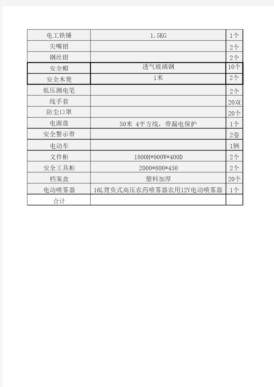 光伏运维工器具清单