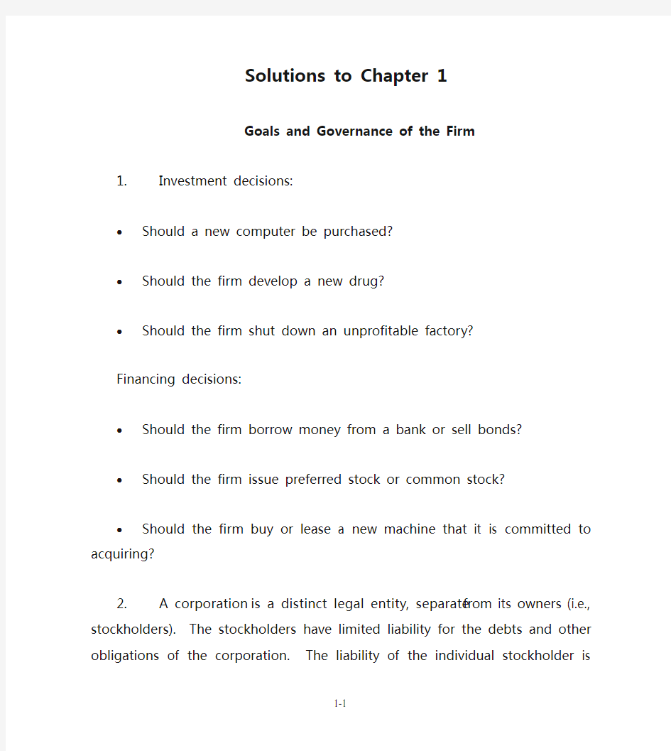 Solutions to Chapter 1  Goals and Governance of the Firm