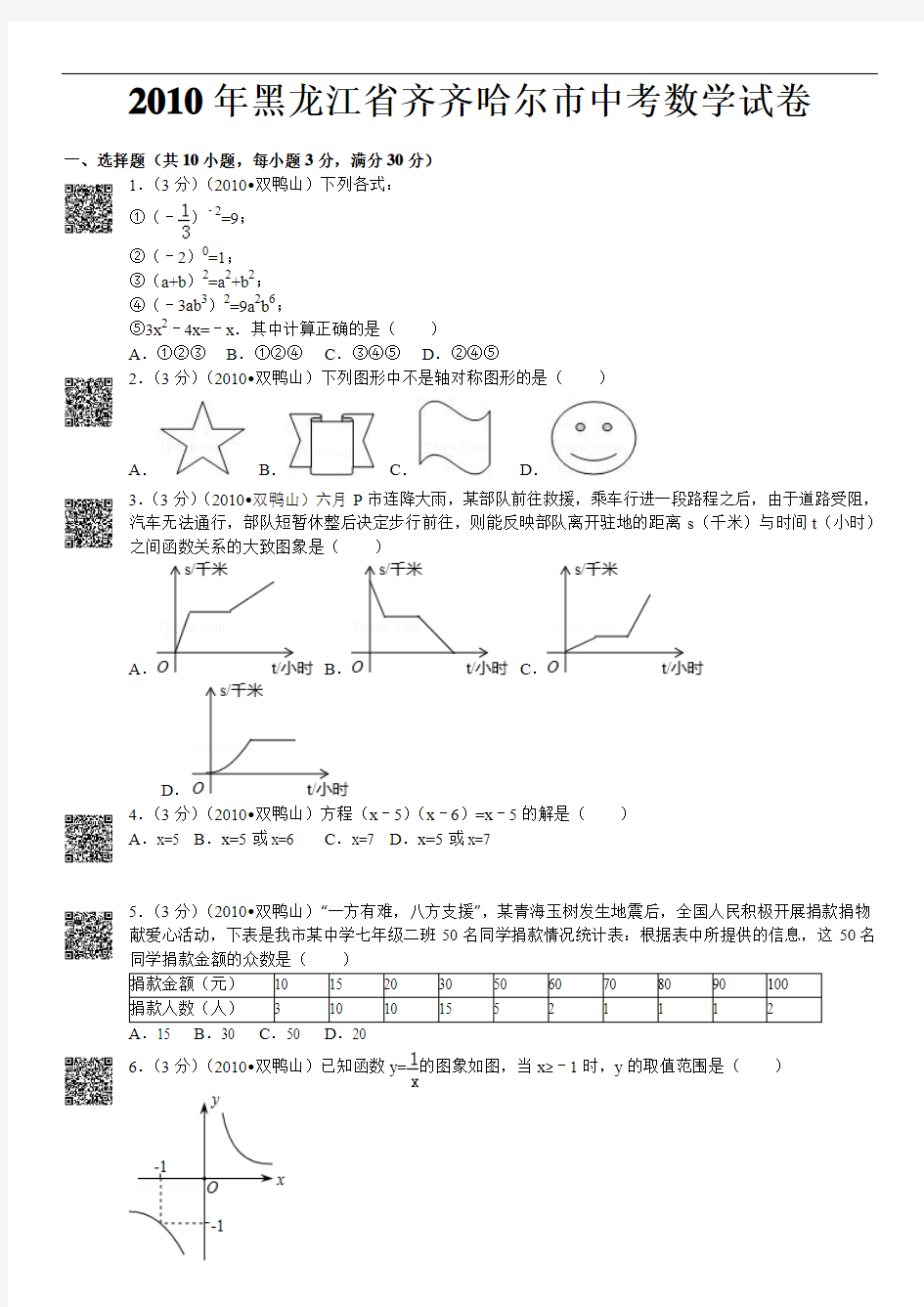 2010年黑龙江省齐齐哈尔市中考数学试卷