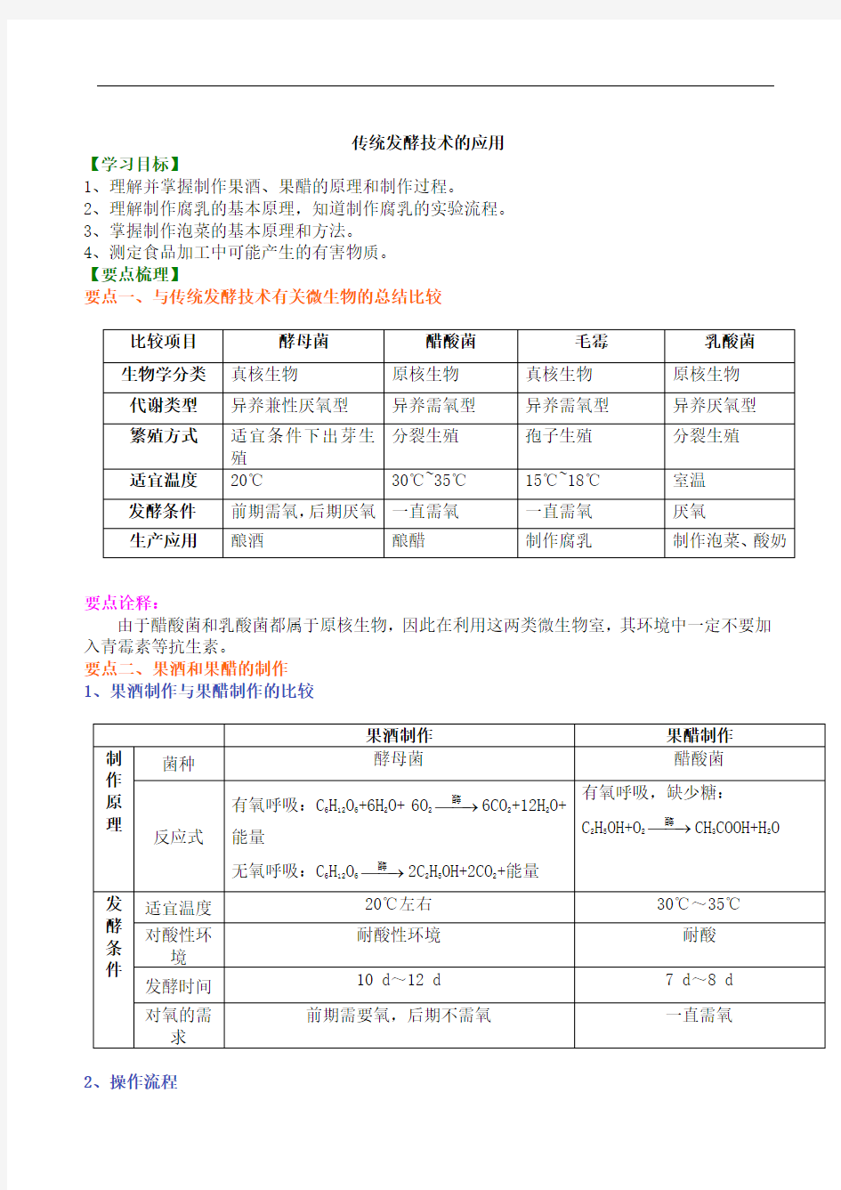 传统发酵技术的应用知识讲解及练习