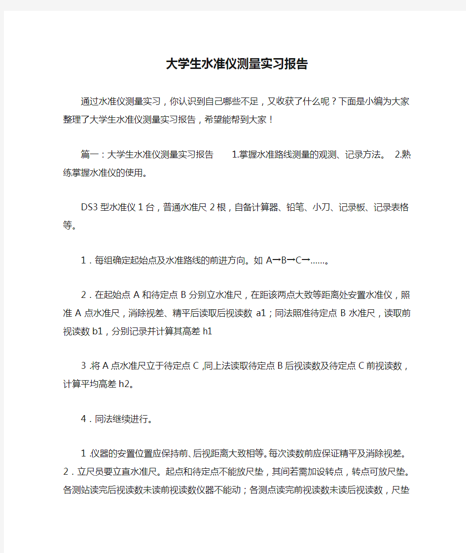 大学生水准仪测量实习报告