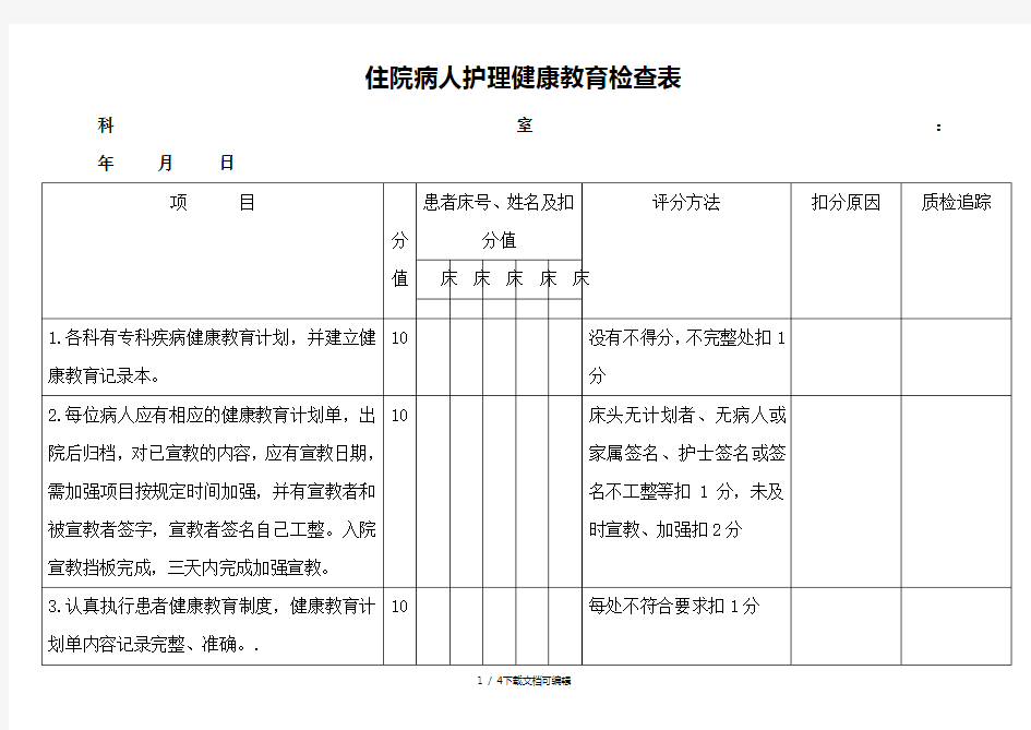 住院患者健康教育检查表