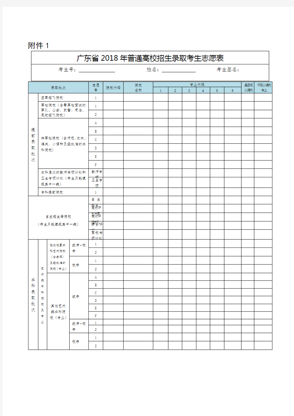 2018广东高考志愿填报志愿电子表