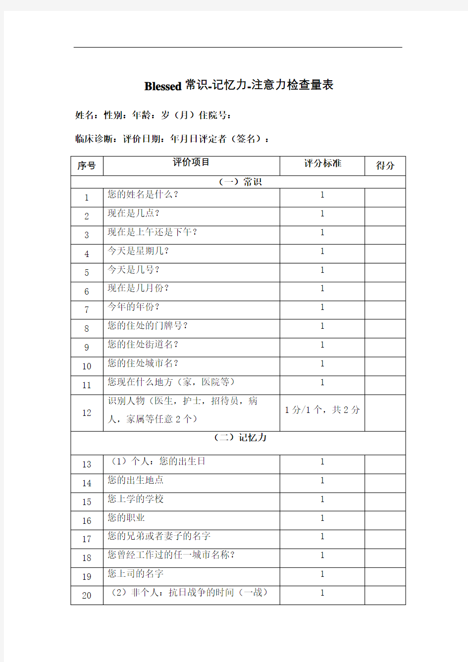 Blessed常识注意力记忆力评定量表精修订